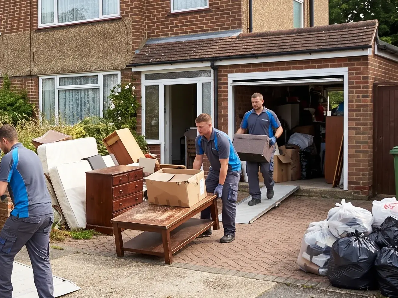 A garage and driveway being emptied, with furniture, mattresses and bagged waste loaded ready to go